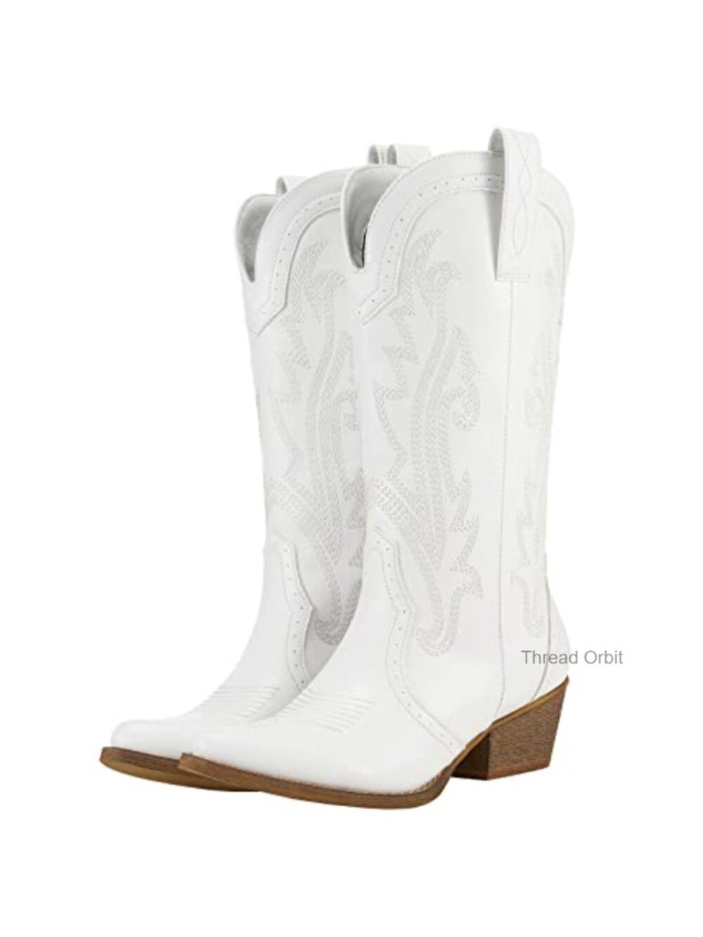 Synthetic Leather Mid Calf Cowboy Boots Pointed Toe Block Heel Embroidered